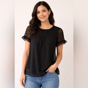 Nwt Rachel Black Swiss Dot Smocked Yoke Blouse